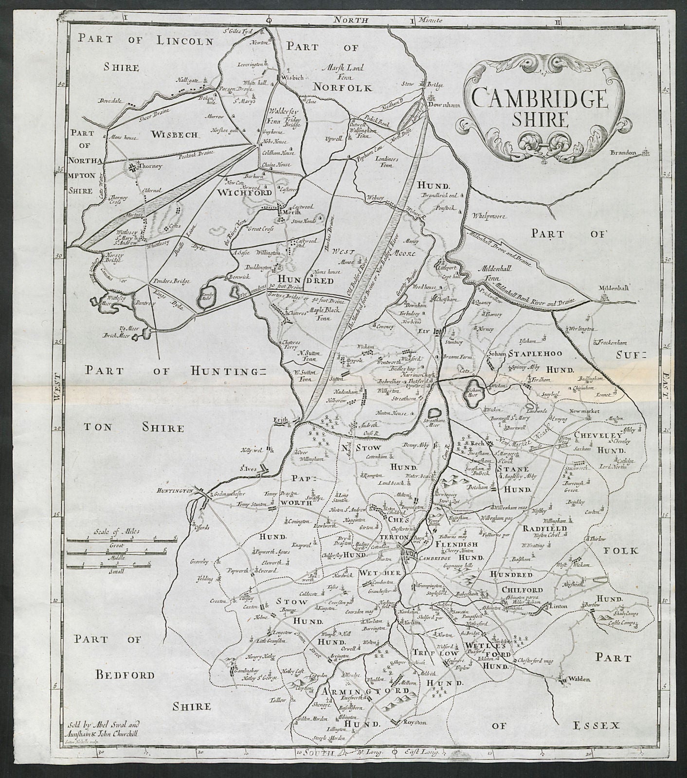CAMBRIDGESHIRE. by ROBERT MORDEN from Camden's Britannia 1695 old antique map